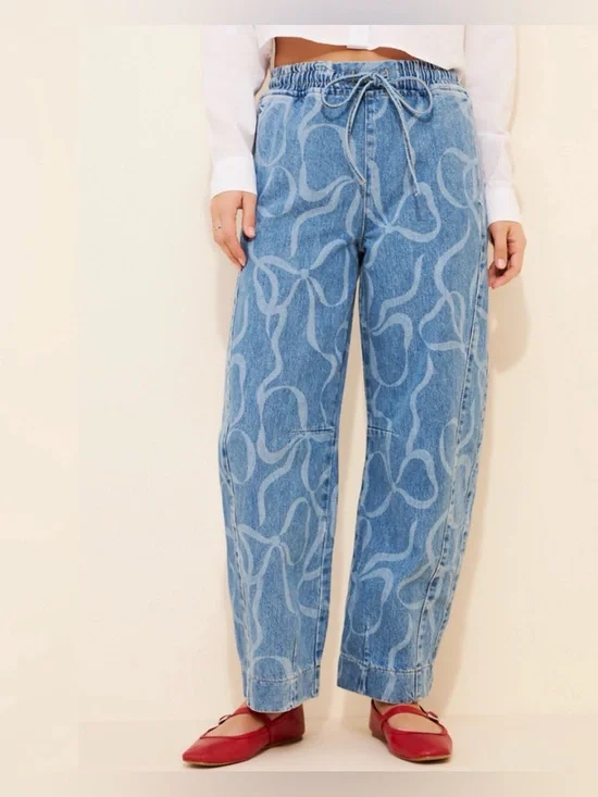 Damson Madder Felix Bows Drawstring Barrel Jeans Pull On Elastic Waist Size US 8 - Picture 5 of 15